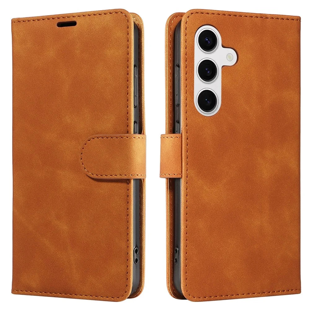 For Samsung Galaxy S24 Case RFID Blocking Wallet Stand Leather Flip Phone Cover with Slim Strap - Brown - 1