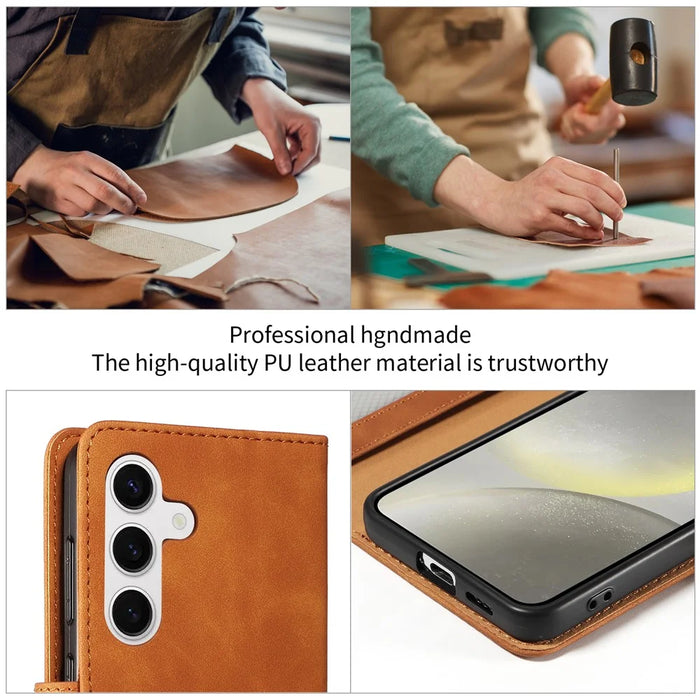 For Samsung Galaxy S24 Case RFID Blocking Wallet Stand Leather Flip Phone Cover with Slim Strap - Brown - 6