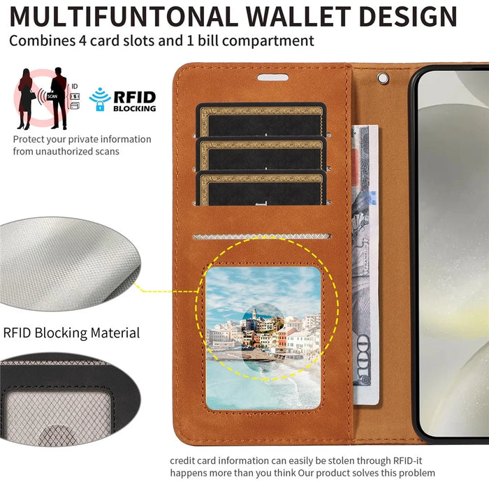 For Samsung Galaxy S24 Case RFID Blocking Wallet Stand Leather Flip Phone Cover with Slim Strap - Brown - 7