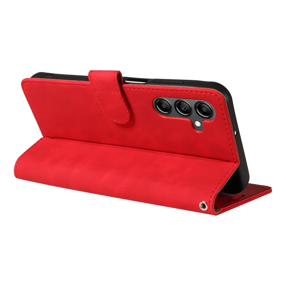 For Samsung Galaxy A25 5G (Global) (161.0 x 76.5 x 8.3mm) Case with Thickened Strap RFID Blocking Wallet Stand Leather Flip Phone Cover - Red - 3