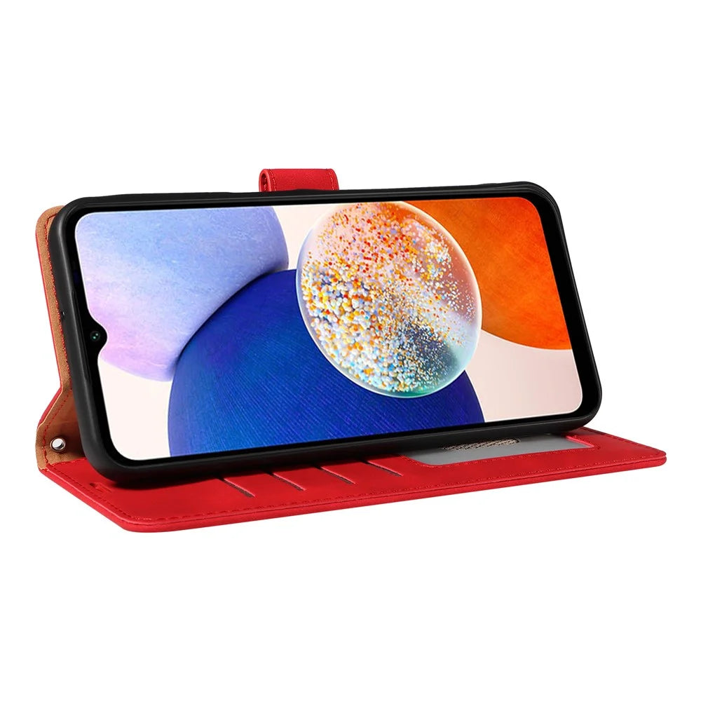 For Samsung Galaxy A25 5G (Global) (161.0 x 76.5 x 8.3mm) Case with Thickened Strap RFID Blocking Wallet Stand Leather Flip Phone Cover - Red - 4