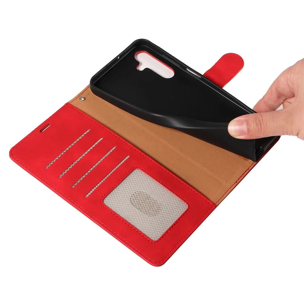 For Samsung Galaxy A25 5G (Global) (161.0 x 76.5 x 8.3mm) Case with Thickened Strap RFID Blocking Wallet Stand Leather Flip Phone Cover - Red - 5