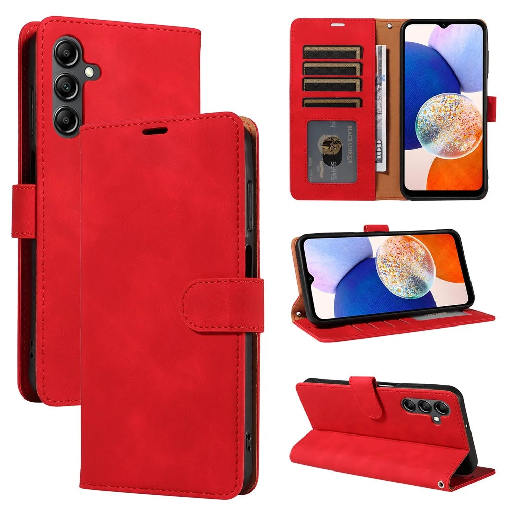 For Samsung Galaxy A25 5G (Global) (161.0 x 76.5 x 8.3mm) Case with Thickened Strap RFID Blocking Wallet Stand Leather Flip Phone Cover - Red - 6