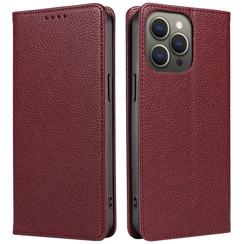 For iPhone 14 Pro Case RFID Blocking Strong Magnetic Leather Wallet Phone Cover - Wine Red - 1