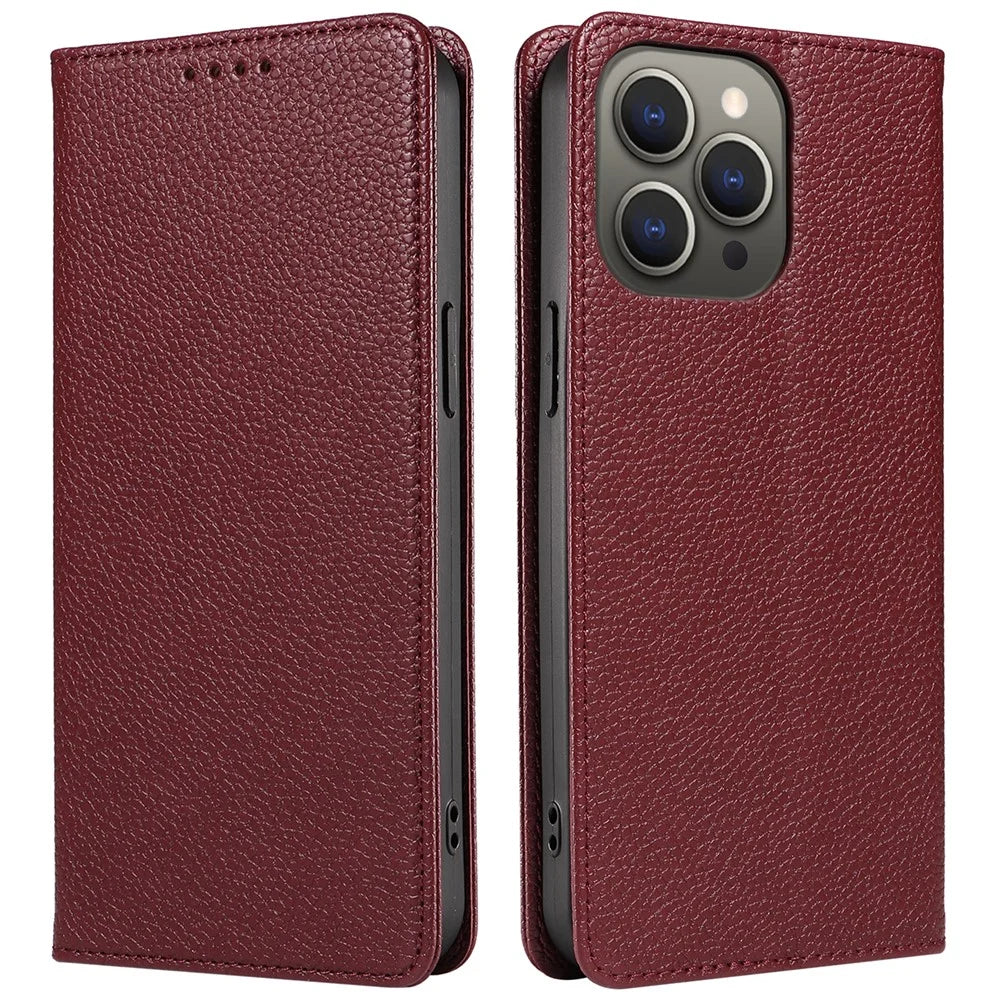 For iPhone 14 Pro Case RFID Blocking Strong Magnetic Leather Wallet Phone Cover - Wine Red - 1