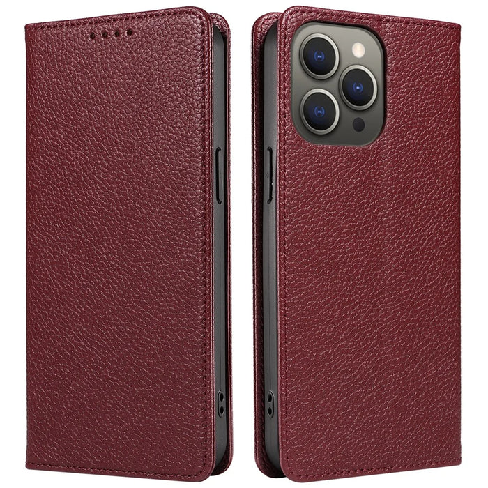 For iPhone 14 Pro Case RFID Blocking Strong Magnetic Leather Wallet Phone Cover - Wine Red - 1