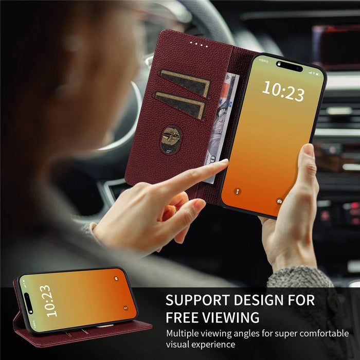 For iPhone 14 Pro Case RFID Blocking Strong Magnetic Leather Wallet Phone Cover - Wine Red - 4