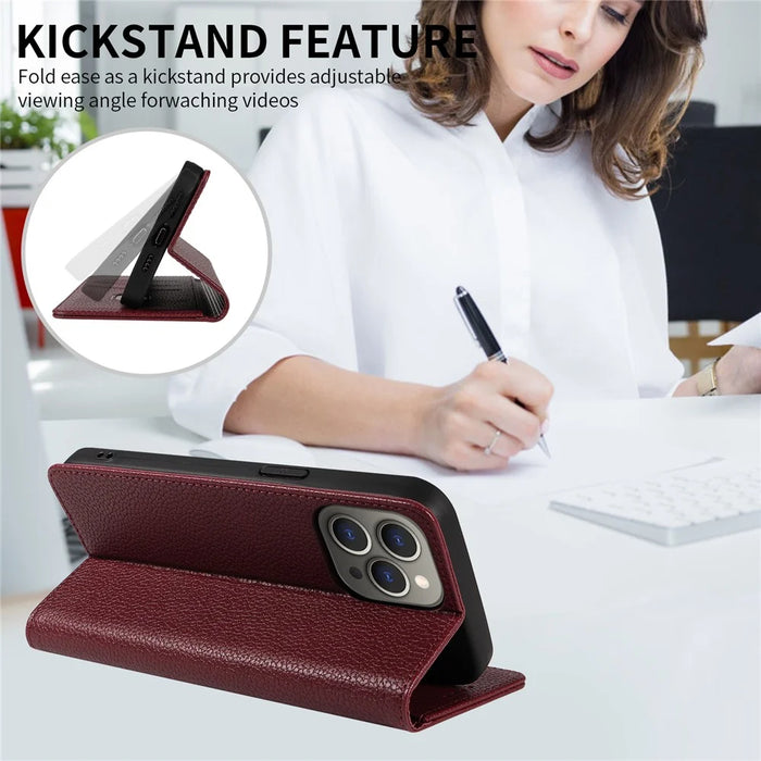 For iPhone 14 Pro Case RFID Blocking Strong Magnetic Leather Wallet Phone Cover - Wine Red - 7