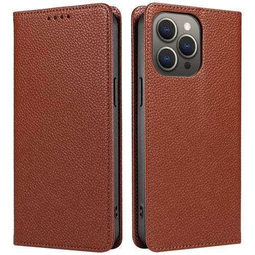 For iPhone 13 Pro Max Case RFID Blocking Strong Magnetic Leather Wallet Phone Cover - Brown - 1