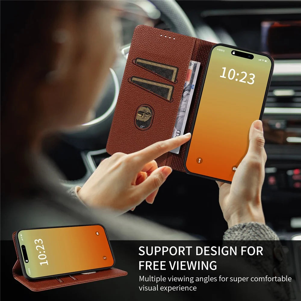 For iPhone 13 Pro Max Case RFID Blocking Strong Magnetic Leather Wallet Phone Cover - Brown - 4
