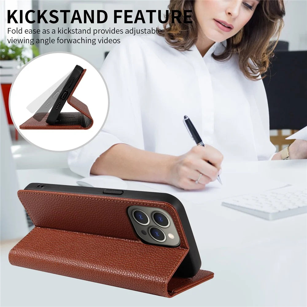 For iPhone 13 Pro Max Case RFID Blocking Strong Magnetic Leather Wallet Phone Cover - Brown - 7