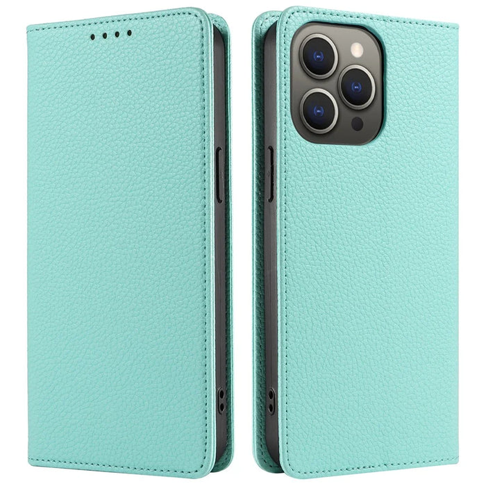 For iPhone 13 Pro Case RFID Blocking Strong Magnetic Leather Wallet Phone Cover - Mint Green - 1