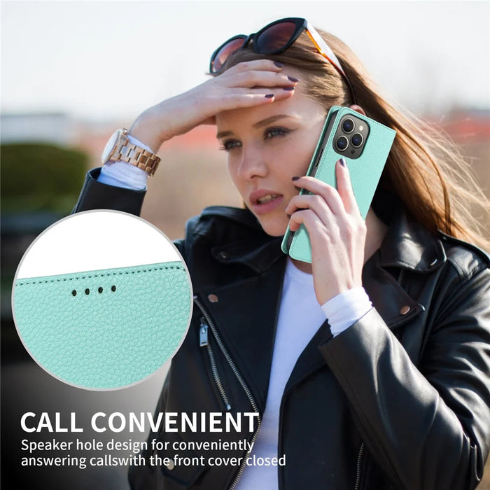 For iPhone 13 Pro Case RFID Blocking Strong Magnetic Leather Wallet Phone Cover - Mint Green - 6