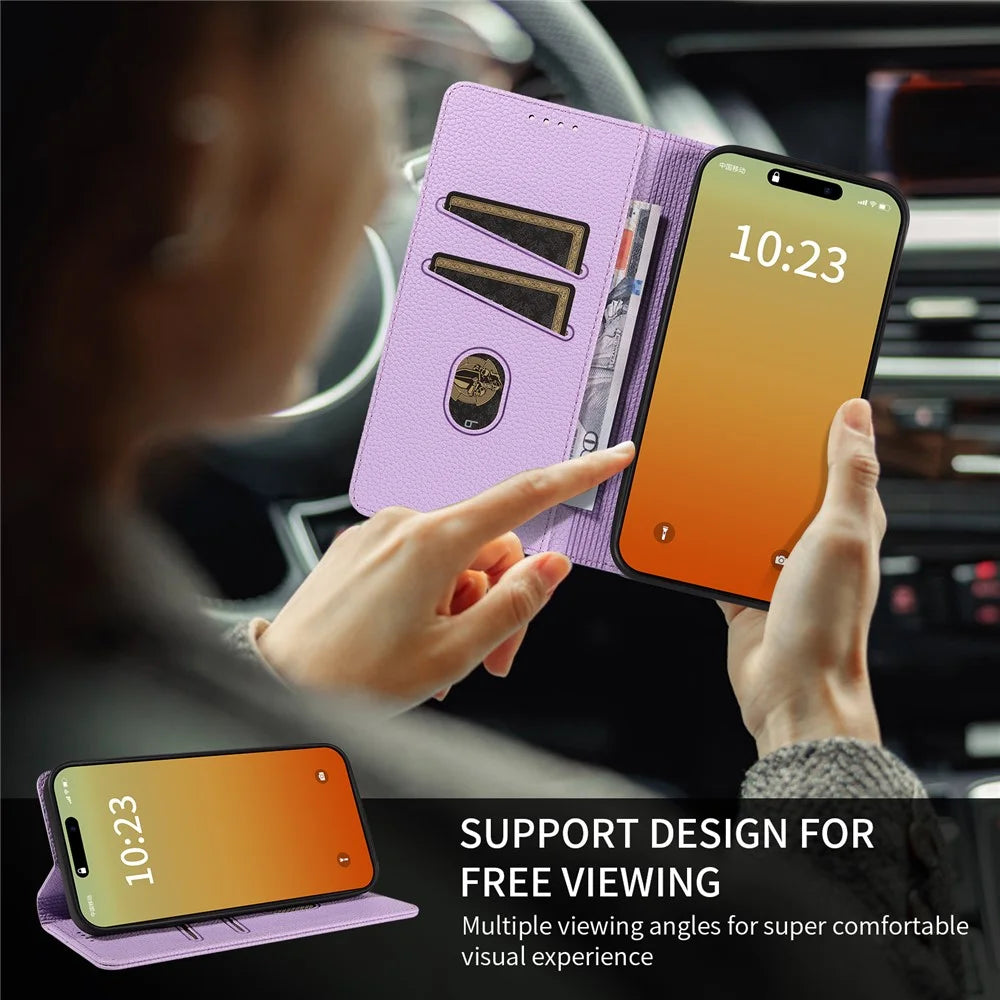 For iPhone 15 Pro Max Case RFID Blocking Strong Magnetic Leather Wallet Phone Cover - Purple - 4