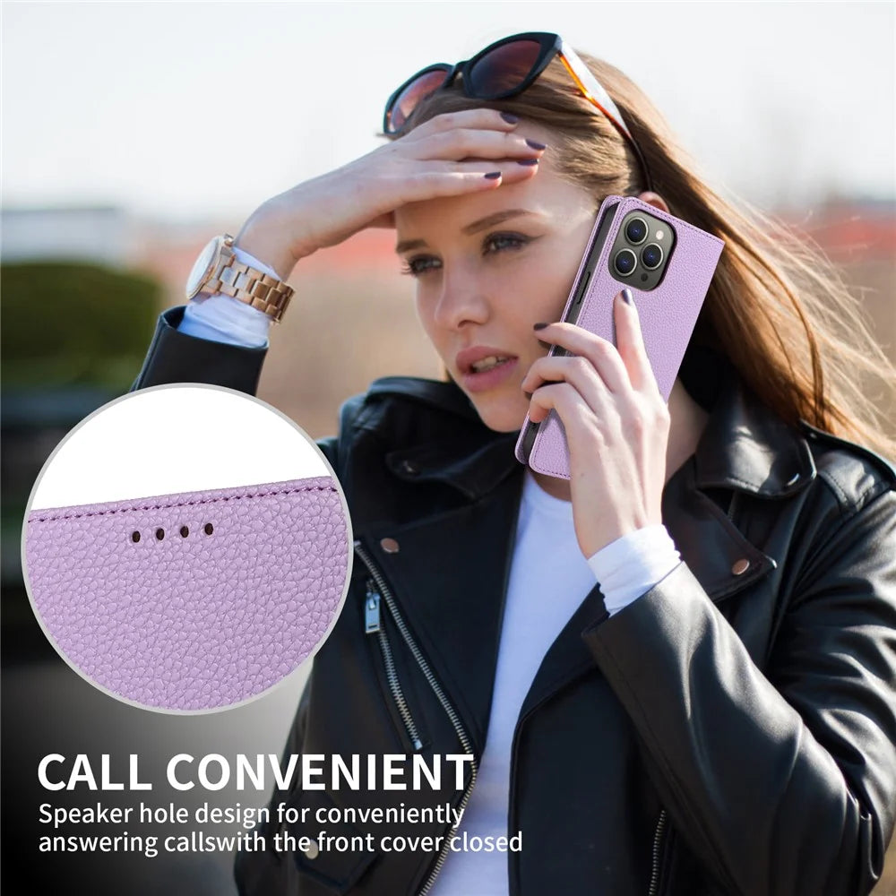 For iPhone 15 Pro Max Case RFID Blocking Strong Magnetic Leather Wallet Phone Cover - Purple - 6