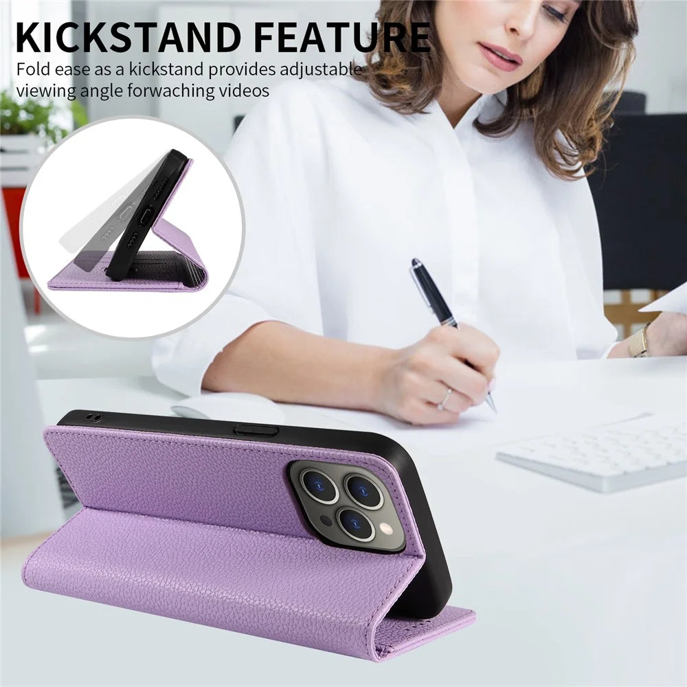 For iPhone 15 Pro Max Case RFID Blocking Strong Magnetic Leather Wallet Phone Cover - Purple - 7