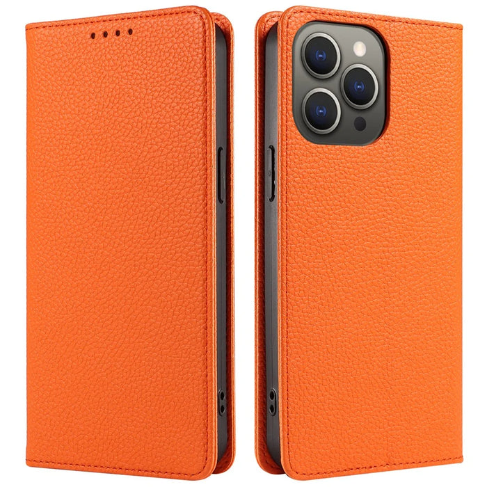 For iPhone 15 Pro Case RFID Blocking Strong Magnetic Leather Wallet Phone Cover - Orange - 1