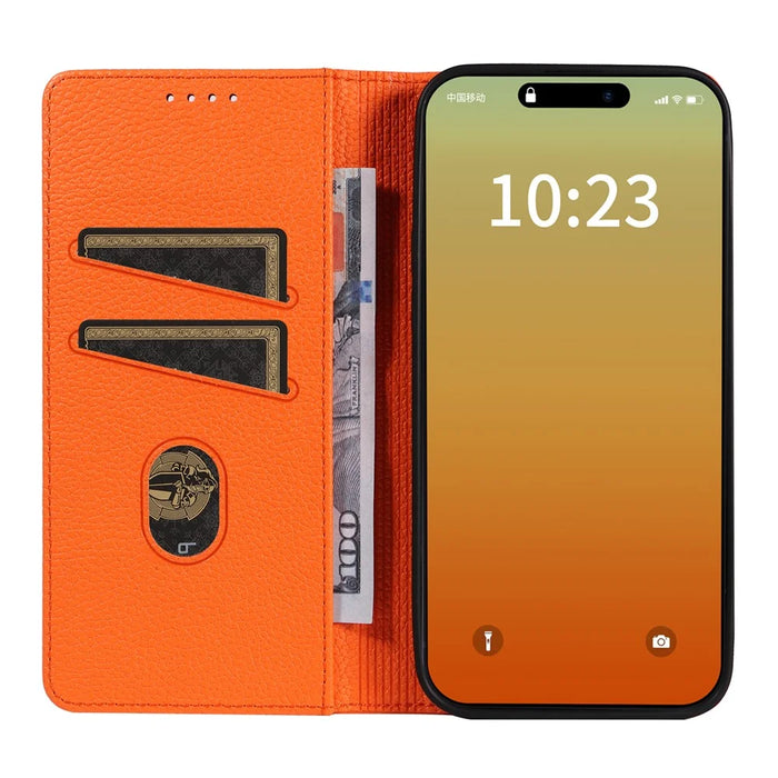 For iPhone 15 Pro Case RFID Blocking Strong Magnetic Leather Wallet Phone Cover - Orange - 2