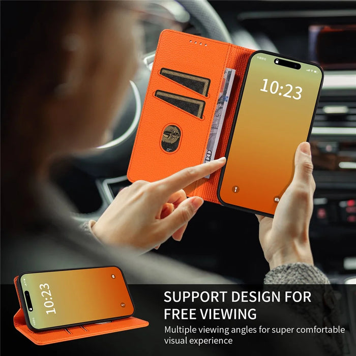 For iPhone 15 Pro Case RFID Blocking Strong Magnetic Leather Wallet Phone Cover - Orange - 4