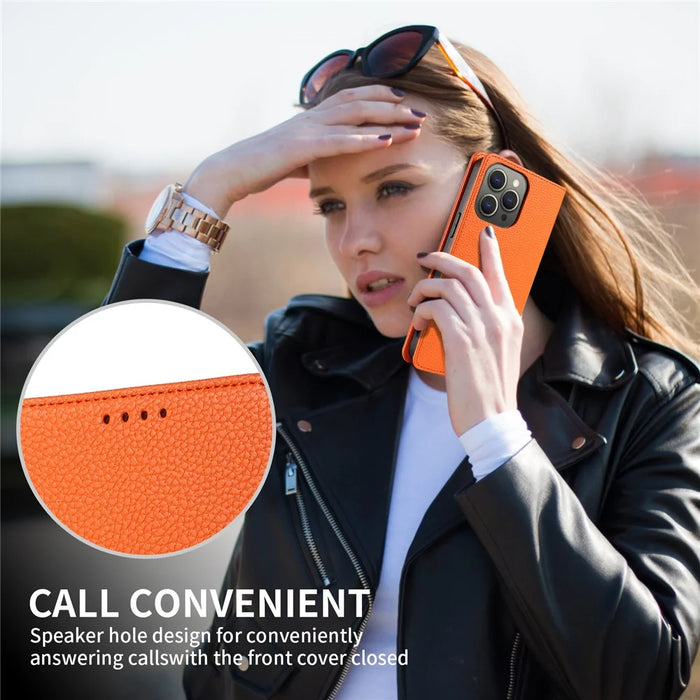 For iPhone 15 Pro Case RFID Blocking Strong Magnetic Leather Wallet Phone Cover - Orange - 6