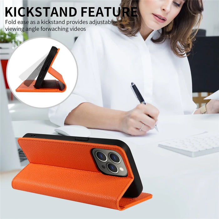 For iPhone 15 Pro Case RFID Blocking Strong Magnetic Leather Wallet Phone Cover - Orange - 7