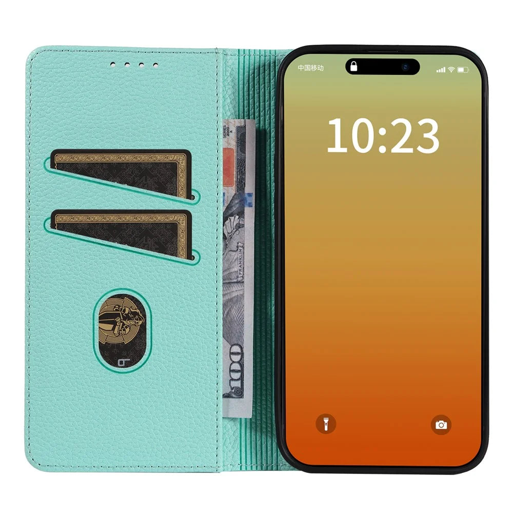 For iPhone 16 Pro Max Case RFID Blocking Strong Magnetic Leather Wallet Phone Cover - Mint Green - 2