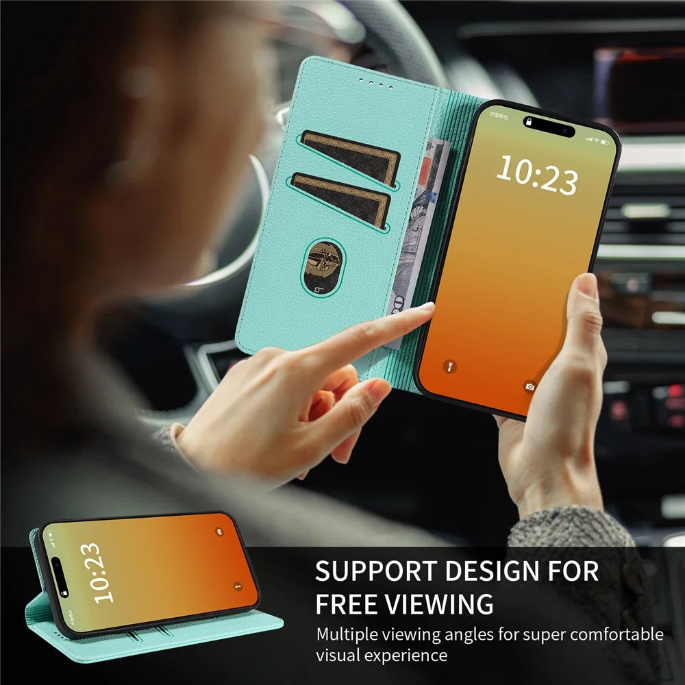 For iPhone 16 Pro Max Case RFID Blocking Strong Magnetic Leather Wallet Phone Cover - Mint Green - 4