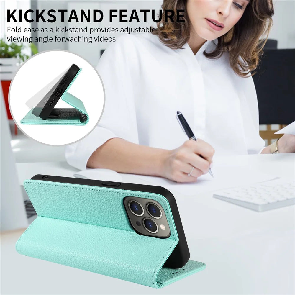 For iPhone 16 Pro Max Case RFID Blocking Strong Magnetic Leather Wallet Phone Cover - Mint Green - 7