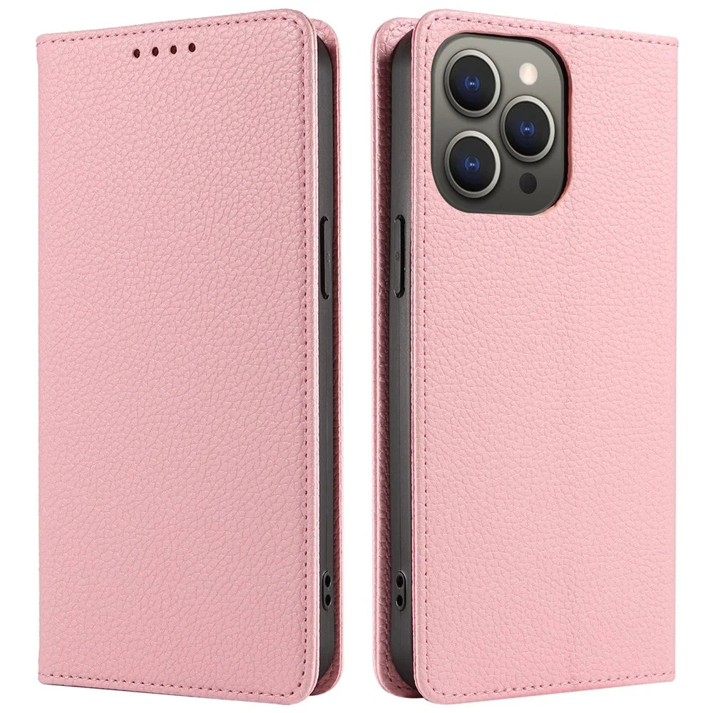For iPhone 16 Pro Case RFID Blocking Strong Magnetic Leather Wallet Phone Cover - Pink - 1