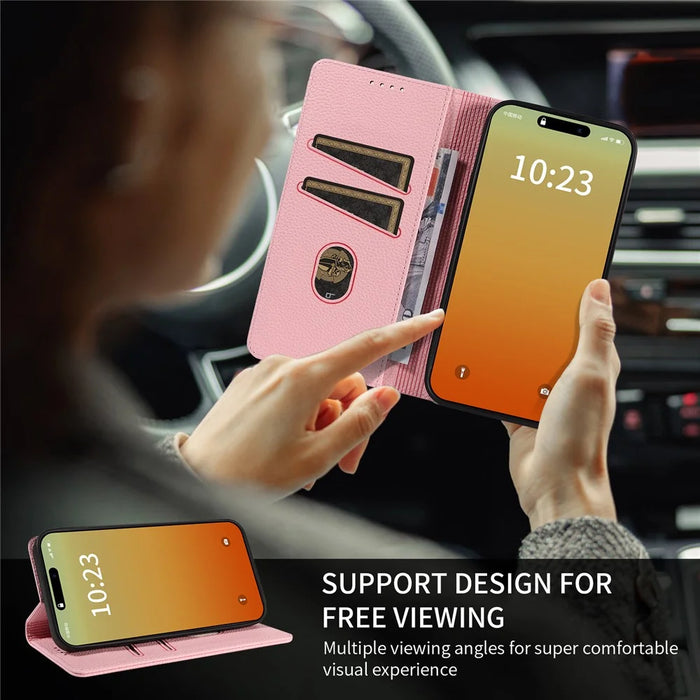 For iPhone 16 Pro Case RFID Blocking Strong Magnetic Leather Wallet Phone Cover - Pink - 4