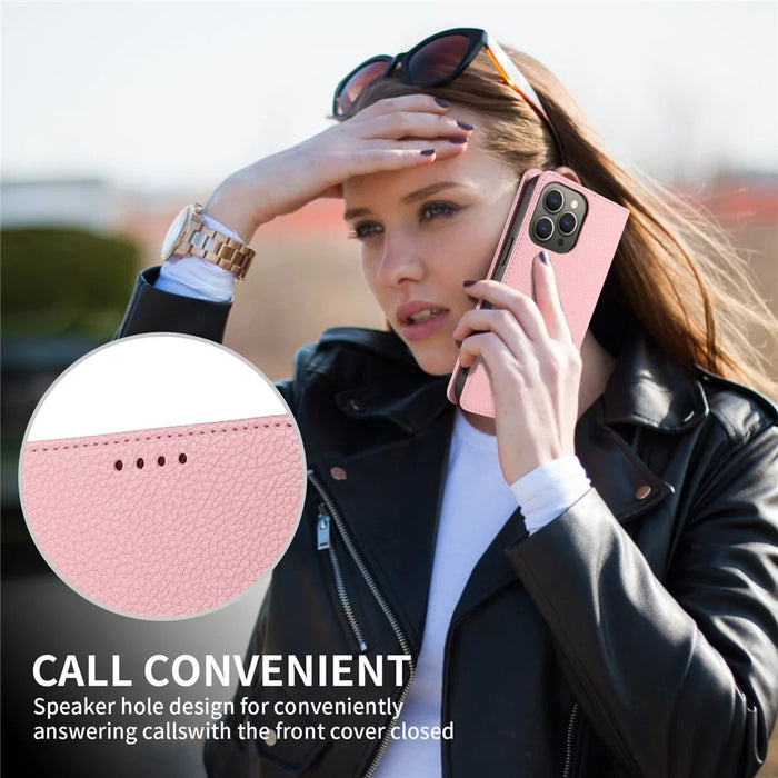 For iPhone 16 Pro Case RFID Blocking Strong Magnetic Leather Wallet Phone Cover - Pink - 6