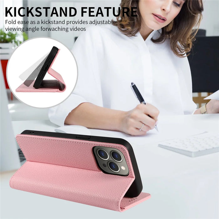For iPhone 16 Pro Case RFID Blocking Strong Magnetic Leather Wallet Phone Cover - Pink - 7