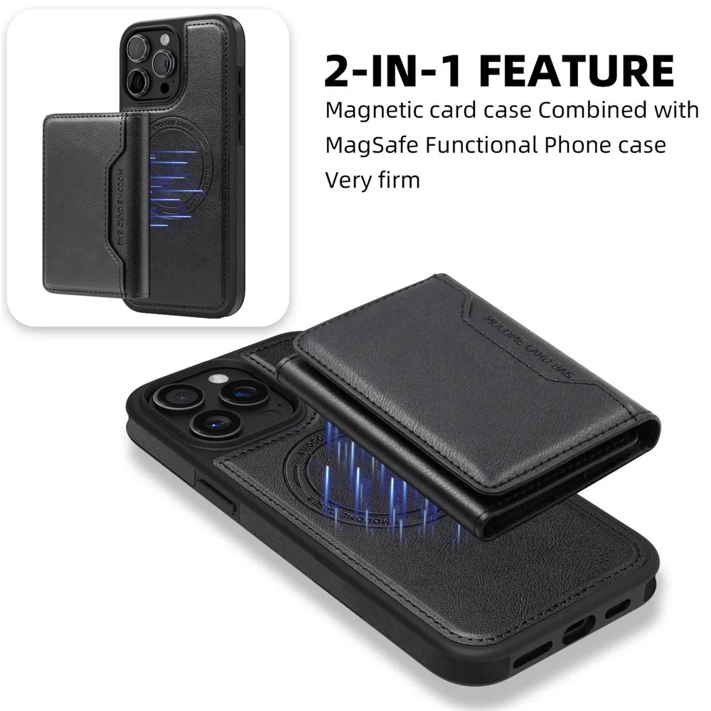 For iPhone 15 Pro Magnetic Case Leather Back Phone Cover with Detachable Card Bag - Black - 4