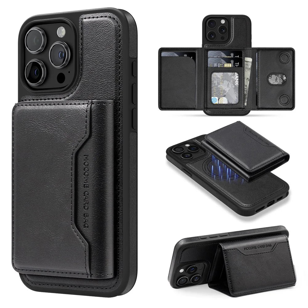 For iPhone 15 Pro Max Magnetic Case Leather Back Phone Cover with Detachable Card Bag - Black - 1