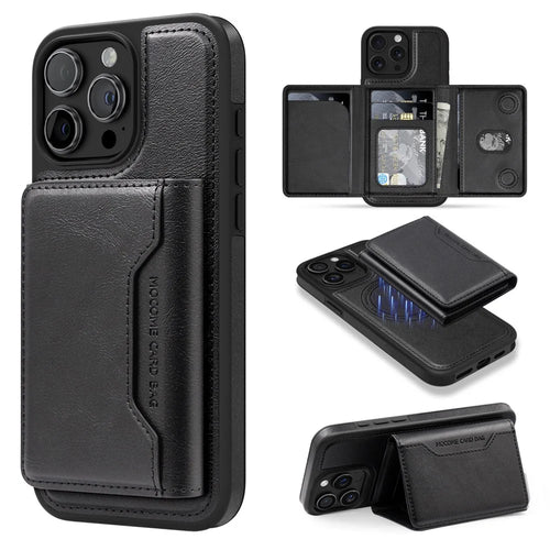 For iPhone 15 Pro Max Magnetic Case Leather Back Phone Cover with Detachable Card Bag - Black - 1