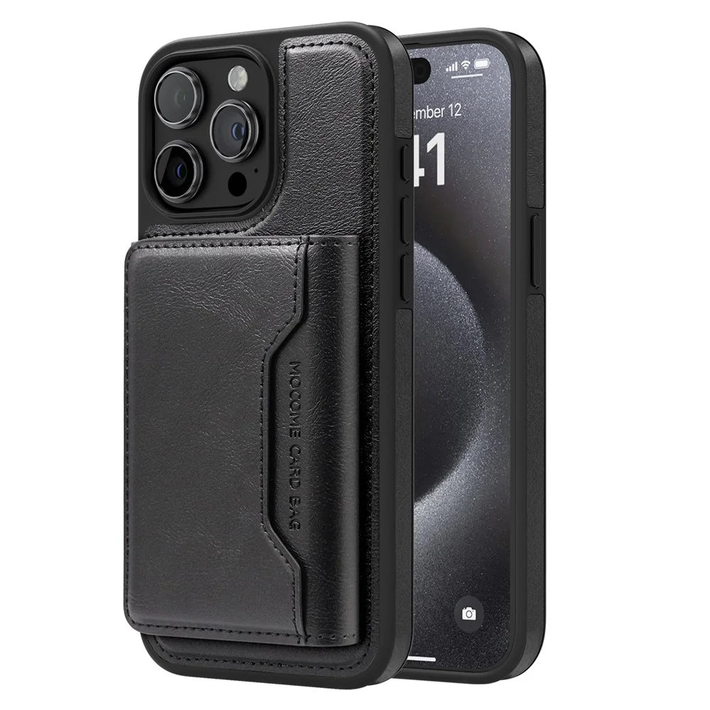 For iPhone 15 Pro Max Magnetic Case Leather Back Phone Cover with Detachable Card Bag - Black - 2