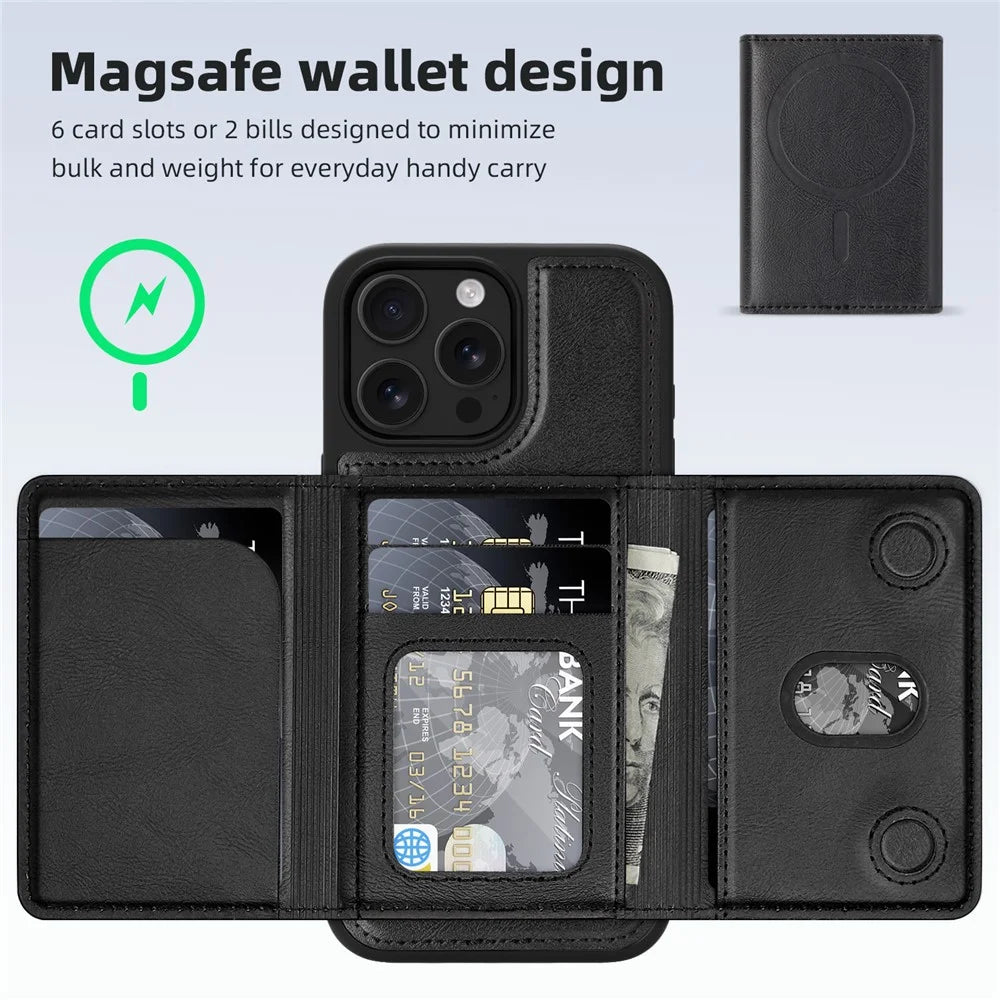 For iPhone 15 Pro Max Magnetic Case Leather Back Phone Cover with Detachable Card Bag - Black - 3