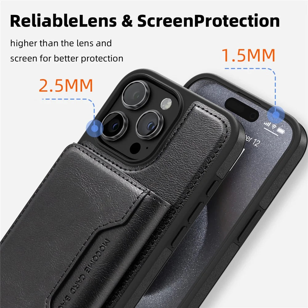 For iPhone 15 Pro Max Magnetic Case Leather Back Phone Cover with Detachable Card Bag - Black - 6