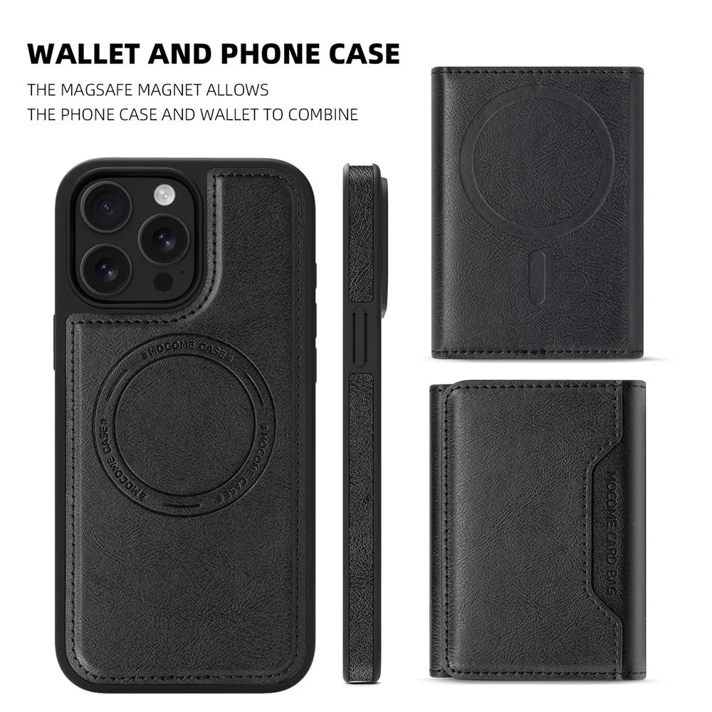 For iPhone 15 Pro Max Magnetic Case Leather Back Phone Cover with Detachable Card Bag - Black - 7