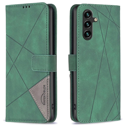 BINFEN COLOR For Samsung Galaxy A36 5G Phone Cases Wallet Stand Geometry Imprint Leather Cover - Green - 1