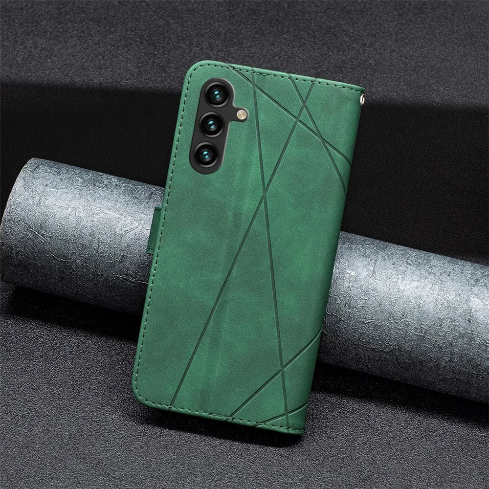 BINFEN COLOR For Samsung Galaxy A36 5G Phone Cases Wallet Stand Geometry Imprint Leather Cover - Green - 7