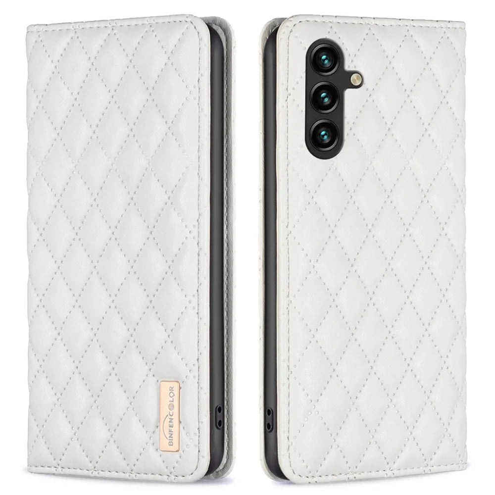 BINFEN COLOR BF Style-16 For Samsung Galaxy A36 5G Case Card Slots Rhombus Leather Cover - White - 1