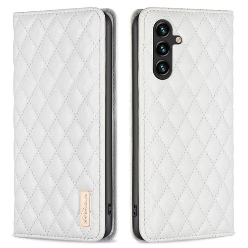 BINFEN COLOR BF Style-16 For Samsung Galaxy A36 5G Case Card Slots Rhombus Leather Cover - White - 1