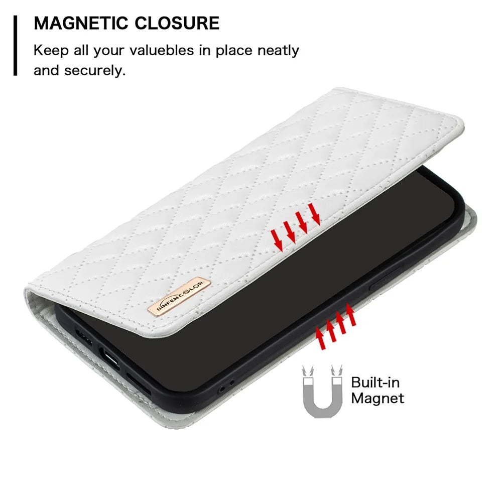 BINFEN COLOR BF Style-16 For Samsung Galaxy A36 5G Case Card Slots Rhombus Leather Cover - White - 4