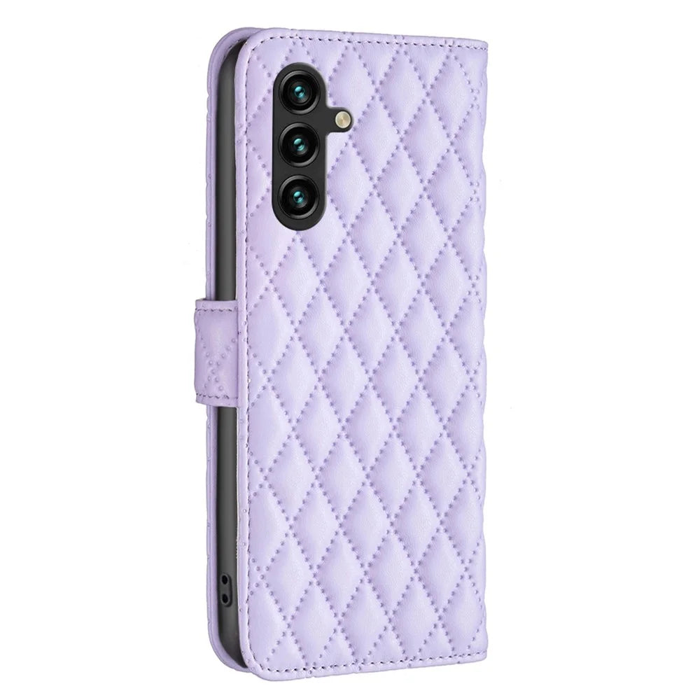 BINFEN COLOR BF Style-14 For Samsung Galaxy A36 5G Case Rhombus Phone Leather Cover Stand - Purple - 6