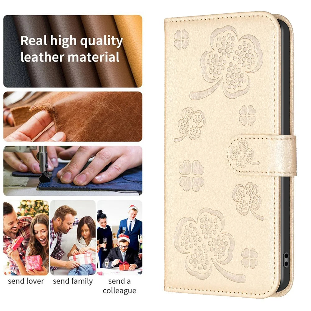 For Samsung Galaxy A36 5G Case Clover Pattern Wallet Stand View Leather Phone Cover - Gold - 4