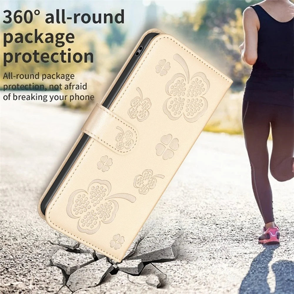 For Samsung Galaxy A36 5G Case Clover Pattern Wallet Stand View Leather Phone Cover - Gold - 5