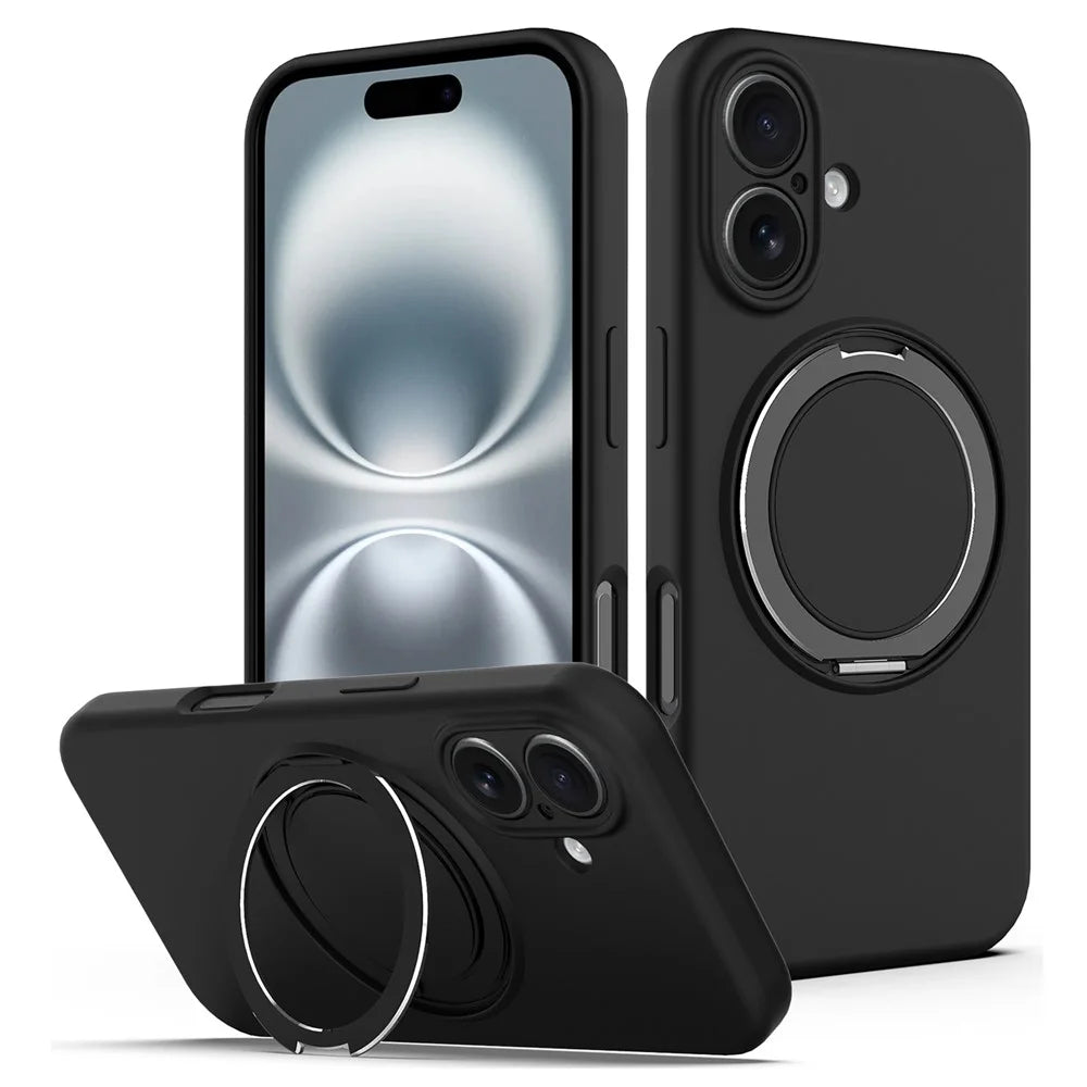 For iPhone 16 Case Compatible with MagSafe Rotating Metal Kickstand PC + Silicone Phone Cover - Black - 1