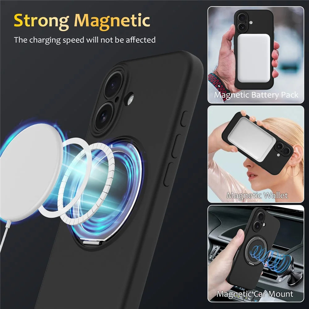 For iPhone 16 Case Compatible with MagSafe Rotating Metal Kickstand PC + Silicone Phone Cover - Black - 4