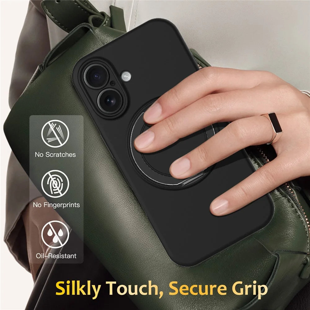 For iPhone 16 Case Compatible with MagSafe Rotating Metal Kickstand PC + Silicone Phone Cover - Black - 7